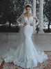 Elegant sjöjungfru se genom långärmad vit spets bröllopsklänning brudklänningar, sequined (Applique Sheer Neck Sweep Train Bröllopsklänningar