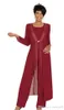 2019 Tre -stycken Crimson Mother of the Bride Pant Suits With Jacke Chiffon Custom Made Long Sleeve Wedding Guest Dress Outfit 301y