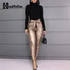 Glitter Sequins Belted Skinny Pants Women Bow Tied High Waist Pockets Design Pencil Pants Party Clubwear