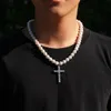 Partihandel-8-10mm Pearl Necklace Hip Hop CZ Stone Bling Iced Out Cross Pendants med pärlstav länkkedja för män Rapper smycken