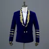 Men's Gold Embroidery Double Breasted Velvet Suit Jacket Brand New Shawl Collar Military Style Party Stage Blazer Masculino