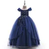 Navy Blue Princess Off Shoulder Girls Pageant Dresses 2022 Little Girls Ball Gowns Appliques Pearls Floor Length Puffy Flower Girl Dresses With Bow