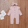 Baby Girls Solid Rompers 4 Design Cotton Long Sleeve Single Button Ruffle Jumpsuit Kids Onesies Girls Outfits 0-3T 04