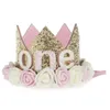 Chapeaux de fleurs de fête d'anniversaire pour filles, couronne de princesse rose, numéro de 1ère et 2ème année, accessoire de cheveux pour bébés enfants, décors de fête d'anniversaire