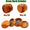 Drum Style Hard Plastic Herb Grinder For Tobacco 40MM 50MM 4 Piece Acrylic Smoking Herb Grinder With Wooden Wood Crusher Leaf Design