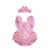 Baby Girls Roupas Ins Paillette Roupas Conjuntos Maciçais Faixas Headband Suits Kids Verão Ruffle Jumpsuits Fahion Sem Mangas Bodysuit Onesies CYP470