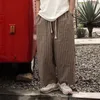 Linho listras verticais calças masculinas Vintage japonês de Streetwear calças largas patas cintura elástica Baggy Trousers Striped Homens