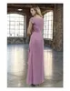 2019 Ny Dusty Rosa Lace Chiffon A-Line Long Modest Bridesmaid Klänningar med Cap Sleeves Sweetheart Ruched Formell Bridesmaid Crow