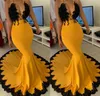 2020 New Arrival Yellow With Black Appliques Prom Dresses South African Girls Junior Graduation Party Gowns Mermaid Deep V Neck Evening Gown