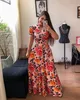 Summer Boho Floral Print Lång klänning Kort ärm Tunika Maxi Dress Women Fashion Evening Party Dress