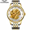 Reloj masculino GUANQIN marca de lujo esqueleto dragón dorado reloj de acero inoxidable hombres negocios reloj de pulsera mecánico automático