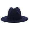 Trendy Navy Blue RoyalBlue Patchwork Faux Wool Fedora Hats Kvinnor Män kände vintage Panama Jazz Cap med Belt Buckle5202382