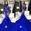 High Neck Mermaid Prom Dresses Sequins Lace Beading Balck Girls Evening Dress Long Sleeve Formal Robes De Soirée