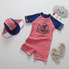 summer baby Boys swimwear Children stripe swimsuits girls letter sailing printed short sleeve Kids beach one-piece swimming Y1345