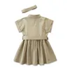 Vestido informal de verano para niñas, cinturón para niños, vestido de manga corta de un solo pecho con diadema, vestidos para niños 15123