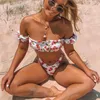 Cherry Print Off Shoulder Bikini 2019 High leg Cut Swimsuit Women Female Brazilian Swimwear Two pieces Bikini set Bathing Suit