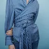 2019 Spring Summer Striped Print Long Sleeves Turn-Down Collar Ribbon Sash Blouse Women Shirt Fashion M3118