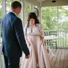 2022 Plus Size Nude Ivory Wedding Dress Illusion Long Sleeves Empire Waist Beach Boho Bride Dresses Sexy Deep V Neck Country Bridal Gowns