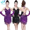 Sequined Latin Dance Costume Dress Jazz Performance Visa Sparkle Fringe Klänning för Ballroom Salsa Rumba Dance Party Competition1