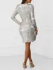2019 Женская одежда платье V шеи Женщины секвенированные глубокие V-образные шеи с длинным рукавом платье
