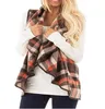 Grade Inverno sem mangas coletes xadrez waistcoat mulheres cheque cardigan camisa impressa camisa lapela moda casual casacos de bolso tops blusa azyq6789