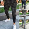 Calças masculinas sexy cintura alta primavera verão moda bolso slim fit xadrez perna reta casual lapis jogger calças casuais 307B