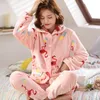 도매 - 파자마는 여성 따뜻한 플란넬 두꺼운 한국 스타일의 고품질 하라주쿠 달콤한 핑크 포켓 여성 사랑스러운 잠옷 여자 세련 된