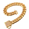 14 mm urok Białe Rhinestone Lock Cut Curb Cuban Link 316L Złoty stal nierdzewna Złoty łańcuch psa Pet Cllar Naszyjnik 12-34qu260q