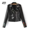 Wholesale-Fitaylor Autumn Biker Jacket Women Embroidered Bomber Faux Leather Jacket Floral Print Pink Black Motorcycle Leather