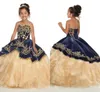 Navy Blue With Gold Embroidery Flower Girls Dresses 2022 Cupcake Ruffles Spaghetti Organza Pageant Dresses Holy Communion Dress