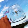 Summer new Taiwan Little Cat transparent glass cup Pink handle Double glass coffee milk mug 250ml9117266