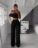 Stijlvolle Dame Neon Groen 2 Stuk Set Vrouwen Solid Off The Shoulder Crop Top and Wide Pen Pants 2019 Sexy Summer Club Party Twee stukjes Outfits