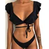 Hot Sale Off The Shoulder Print Ruffled Bikini Mujer 2018 Nya Sexiga Badkläder Kvinnor Baschsuit Brazilian Bikini Set Thong Biquinis T200114