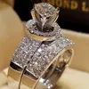 Princess Wedding Diamond Ring Set 14K Gold Round Bague Diamond Emerald Pierścień Peridot Bizuteria Dla Kochanków Kamień Biżuteria Pierścienie J190704
