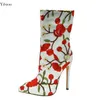 Rontic, botas de invierno para mujer, bordadas, florales, sexis, finas, de tacón alto, botas a media pantorrilla, puntiagudas, zapatos de graduación blancos, tallas de EE. UU., 4-15