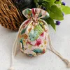 New Cherry blossoms Round Bottom Cloth Bag Chinese Cotton Linen Drawstring Pouch Small Jewelry Gift Bag Reusable Packaging Bags 1pcs