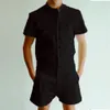 Sommar Fashion Short Sleeve Mens Rompers Male Single Breasted Jumpsuit Cargo Kort Byxor Pojkvän Zip Byxor Party Overaller