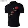 Bordado de flores de rosa camiseta de solapa negra hombres 2019 Summer Nuevo Slim Fit Corta corta Mensificación Camiseta Hipster Camiseta Homme