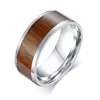 Free Laser Engraving 8mm Stainless Steel Silver Men's Wedding Rings with Wood Inlay