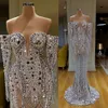 Sexig glittrande sjöjungfru aftonklänningar Pearl Crystal Tulle New Party Bridal Gowns Robes de Mariee Sweep Train Prom Gown