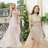 Modest A Line Sophiecouture Prom Dresse Strapless Sleeveless Tulle Lace Crystal Party Dress Sweep Train robes de soirée