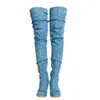 Rontic New Women Sobre o Joelho Botas Denim Pano Stiletto Salto alto Botas Redonda Toe Azul Sapatos Casuais Mulheres Plus Tamanho 5-15