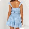 Casual Dresses IClosam Sexy Blue Ruffle Short Dress Women Two Piece Set Summer Floral Print Beach Polka Dot Mini Vestidos276l