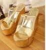 Hot Sale-New Sexy Glänsande Guld Silver Wedge Peep Toe High Heel Slipper Kvinnor Sommar Sandaler Eppacket Gratis frakt