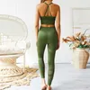 Ensemble de Yoga vert armée sans couture pour femmes, Leggings taille haute ajouré, vêtements d'entraînement, de Fitness, Ensemble de vêtements de sport, gilet de sport pour Femme