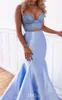 Piece Two Sexy Light Sky Blue Mermaid Prom Dresses Spaghetti Straps V Neck Hollow Back Floor Long Long Formal Evening Party Gowns