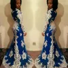 Royal Blue laço branco sul-africanos Prom Vestidos Wear 2020, com manga comprida Jewel Mermaid Dress formal Vestidos vestidos de festia