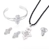 Bright Silver Color Ethiopian Cross Pendant Necklaces Bangle and Earrings for Women African Religious Jewelry Set