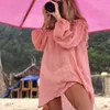 Off Shoulder Beach Dress Bikini Cover Up Solid Swim Cover-ups Long Sleeve Beachwear Female Tied Tunic Summer Swimwear