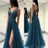 2019 nouvelles robes de bal sexy col en V illusion tulle dentelle appliques cristal perlé fendu dos ouvert étage longueur robe de soirée robes de soirée formelles